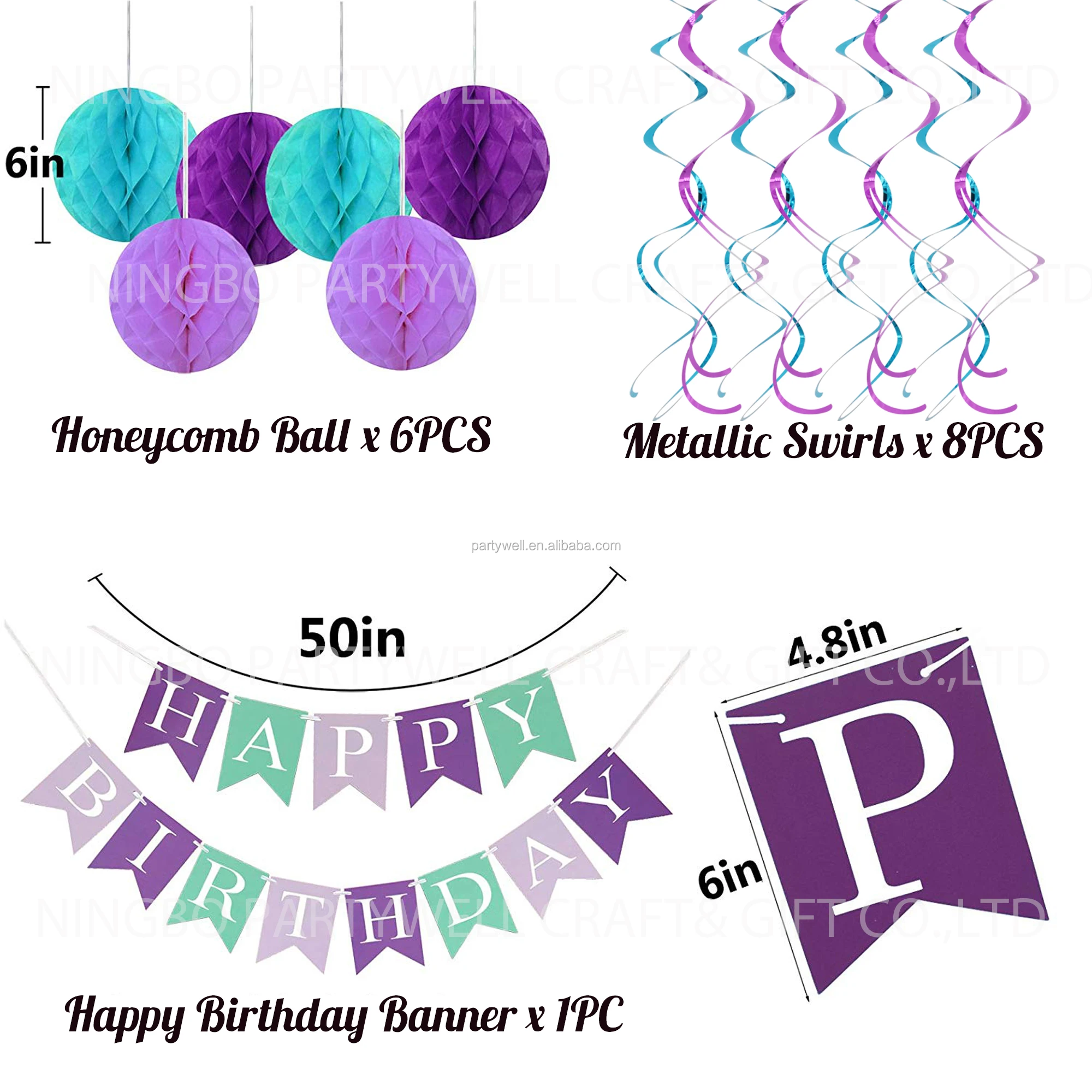 
Wholesale Mermaid Happy Birthday Banner Hang Honeycomb Ball Swirls Streamers for Birthday Baby Shower Party Decorations 