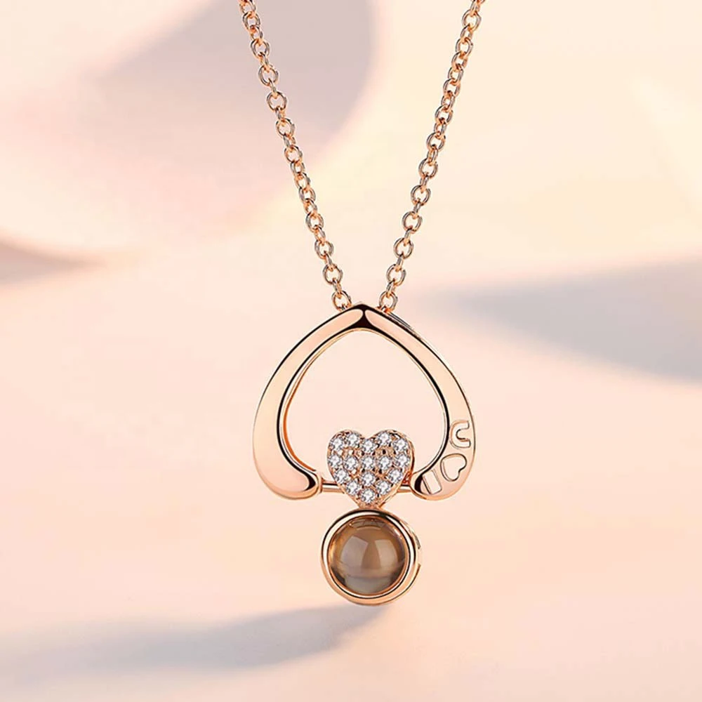 Best Jewelry Fashion  925 Sterling Silver Two Menth Way Wear Nano Engraved 100 Languages I LOVE YOU Double Heart Necklace