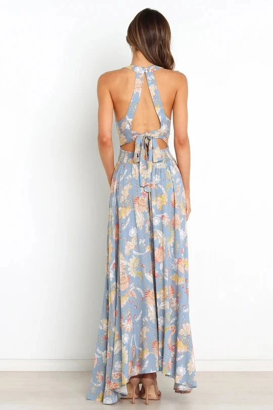 Wholesale Cheap Factory Summer Boho Sexy Floral Dress Women Casual Beach Maxi Chiffon Sleeveless Strap Dresses