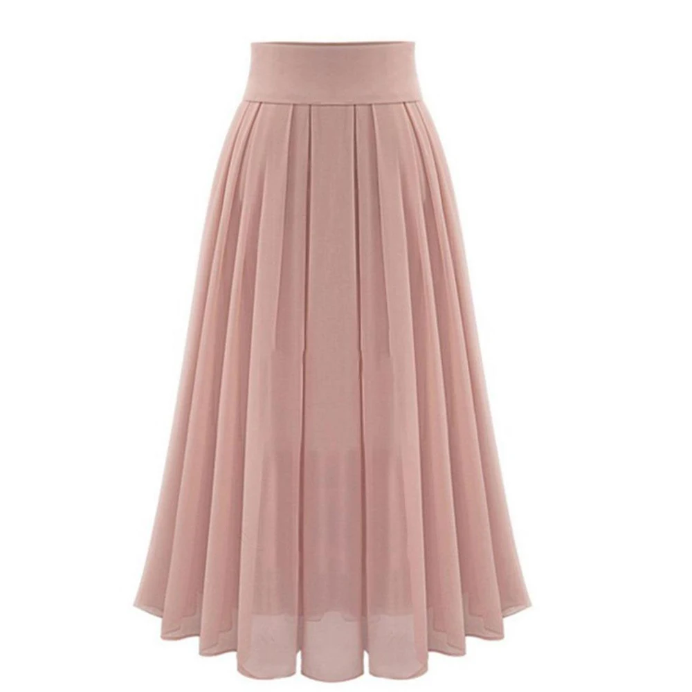 Pretty Casual Long Skirt AL0166 High Waist Black Pink Blue Green Women Elegant Pleated Midi Maxi Chiffon Skirts