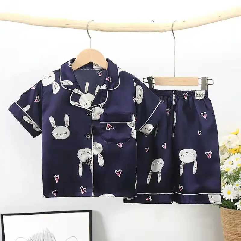 
Childrens summer wear pijama suit silk short sleeve sleepwear thin cardigan cartoon home clothes print pajamas set for boy 