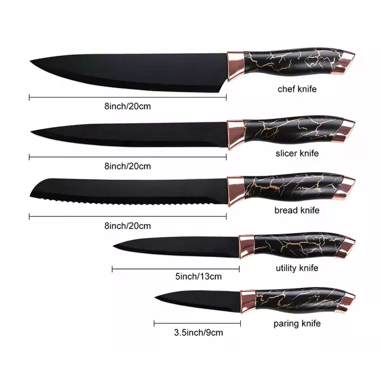Hot selling rose gold double electroplating head marble pattern stainless steel kitchen knife set