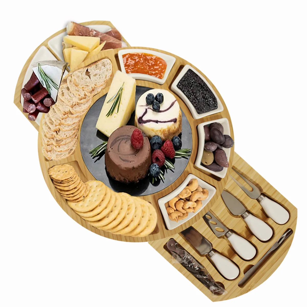 High quality round bamboo wood cheese board custom charcuterie board cutting board with knife set and ceramic bowls