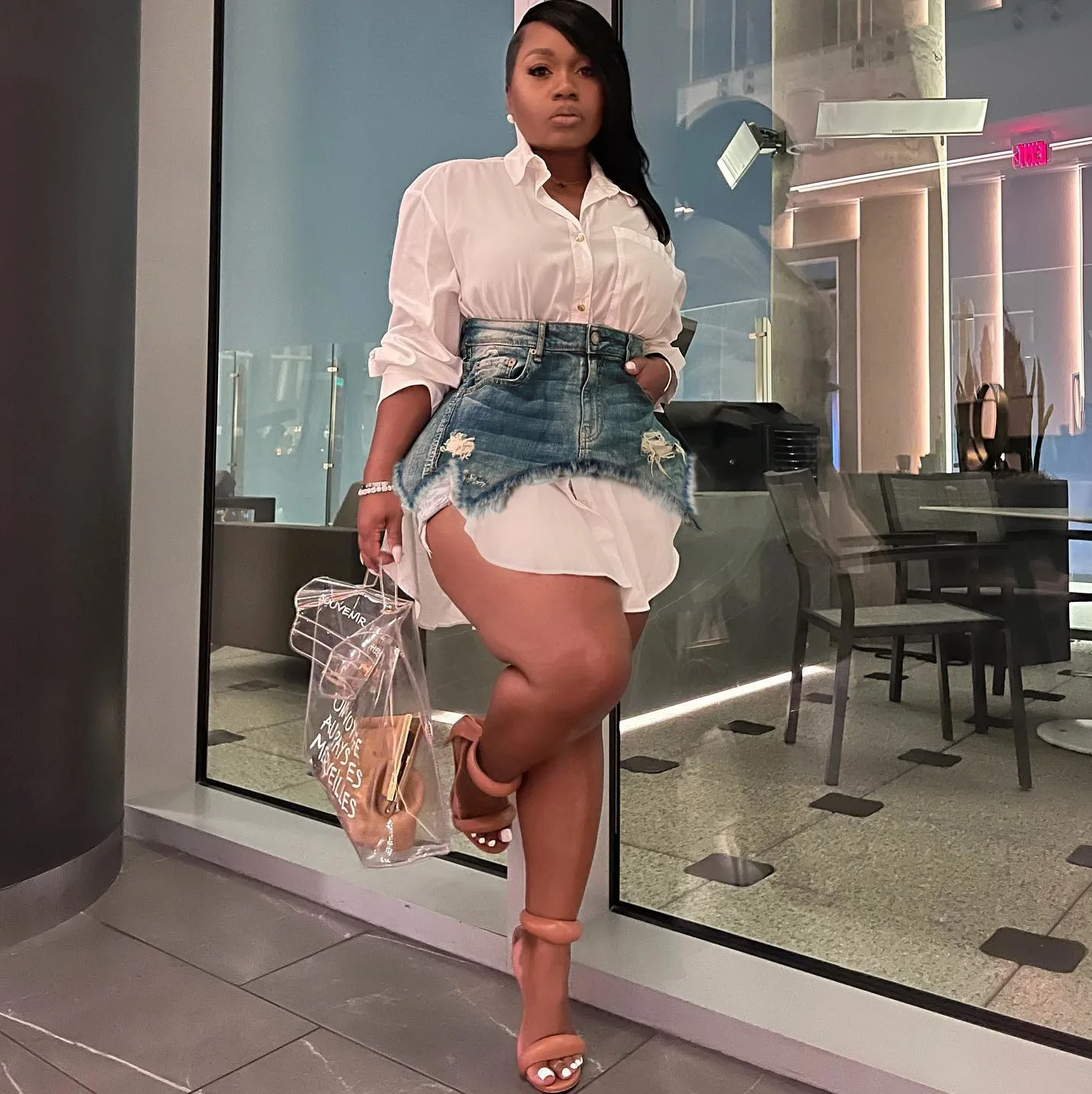 Hot Sell White button down custom plus size long sleeve loose ladies mini Casual Ripped Denim Skirt Shirts  Dresses For Women