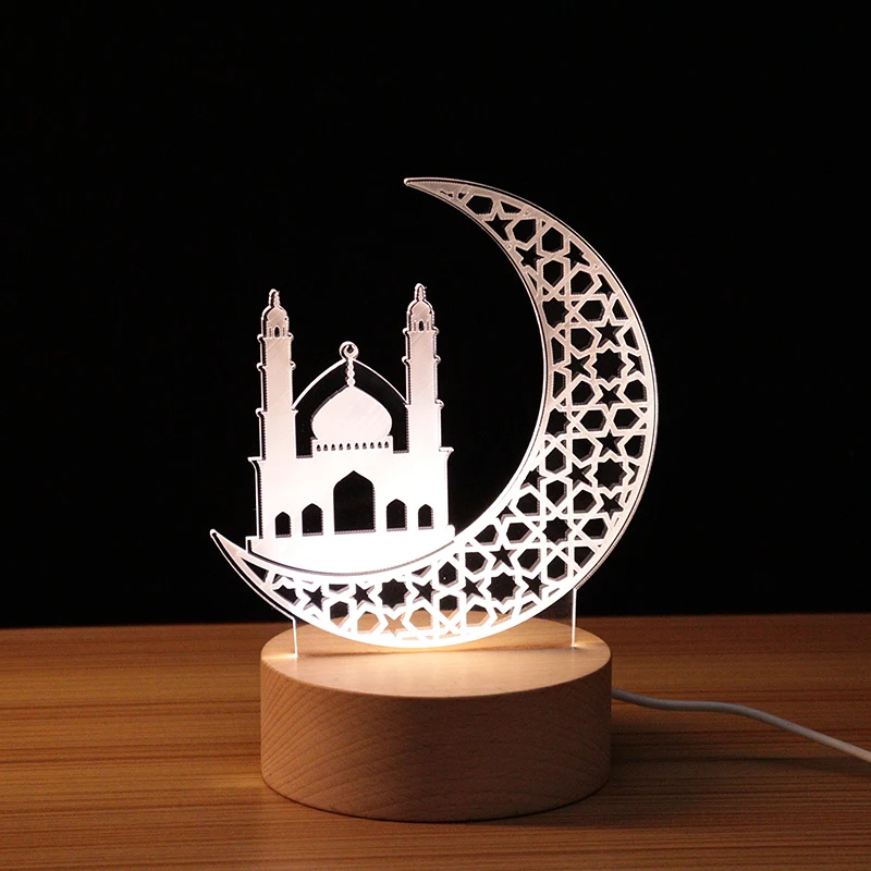 Creative Muslim Islam Religious Series With Natural Wood Base  Night Light  Room Decor 3D Acrylic Warm Color LED Gift Lamp