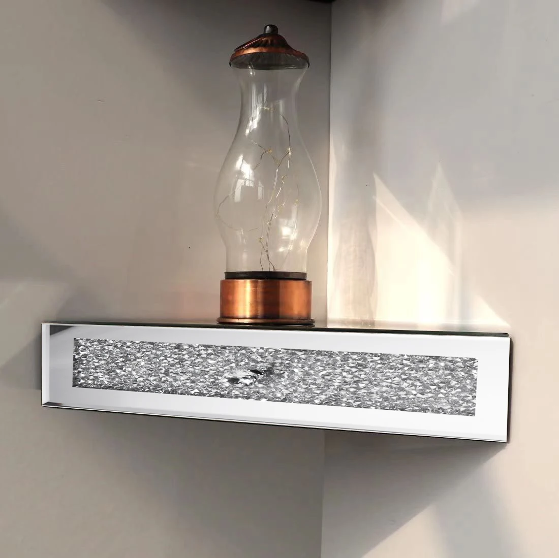Wall Art Home Decor Silver Crushed Diamond Mirrored Floating Conner Storage Wall Mount Shelves with One Drawer