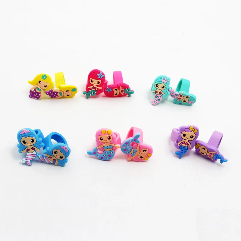 New Mermaid Ring Pvc Soft Rubber Kids Ring Cartoon Design Cute Colorful Silicone Rings for Gift