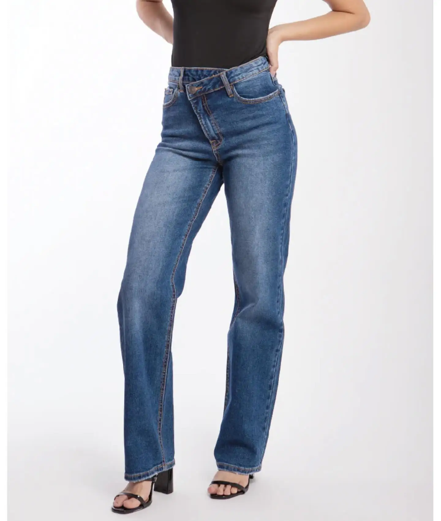 High Quality Stretch Slim High Rise Jeans Ankle Length Classic Denim Blue Wash Shank Button Custom Womens Ladies Jeans Trouser