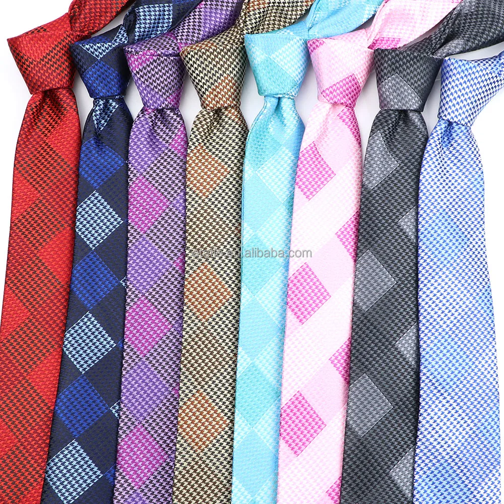 Plaid Jacquard Necktie 6cm Gray Blue Red Pink Polyester Skinny Slim Men Tie Gift Tuxedo Banquet Cravat Accessories