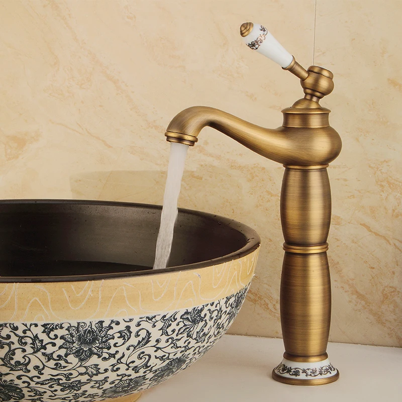 Samiyah Copper Antique European Faucet Art Basin Table Brass Faucet Bathroom Heightened Single Hole Hot And Cold Drawing Faucet
