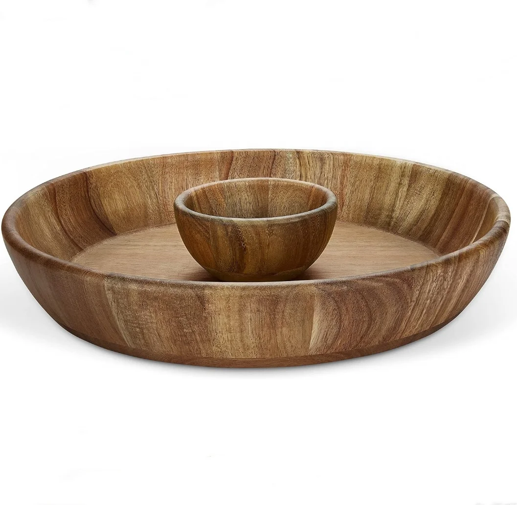 12 Inch Wood Plate with Sauce Bowl Chip Dip Serving Set Great for Party Dishes like Buffalo Wings & Cocktail Shrimp Pack Type