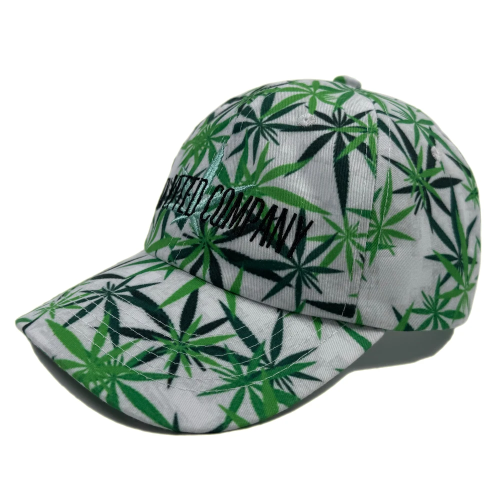 New trend 6 panel unstructured dad hat Summer green leaf label embroidered sports caps High quality custom printed baseball cap