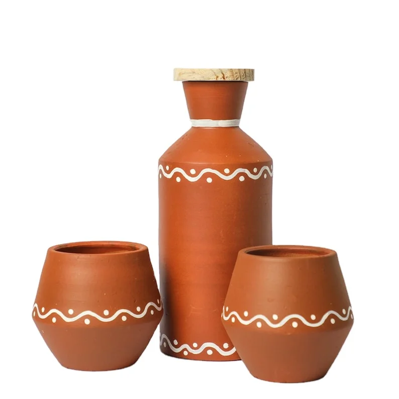 Terracotta Water Bottle with 2 Glasses 750 ml Clay Bottle with Lid terracotta pitcher Mitti bottle