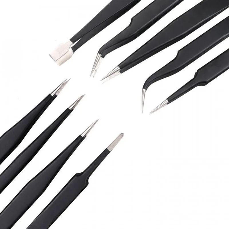 Wholesale Stainless Steel Pointed 9-piece Set Anti-static Beauty Tweezers Set Nail Tools Pointed Tweezers
