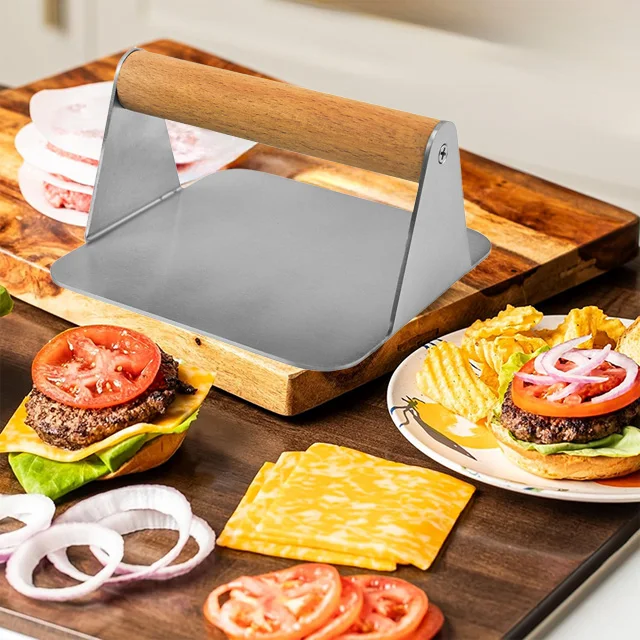 China Factory custom Kitchen Helper Stainless steel Square wooden handle hamburger meat press