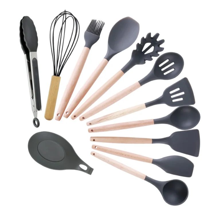 12 Pieces Silicone Kitchen Cooking Tools Wooden Handles Stand Kitchenware Spatula Silicone Kitchen Utensils Set
