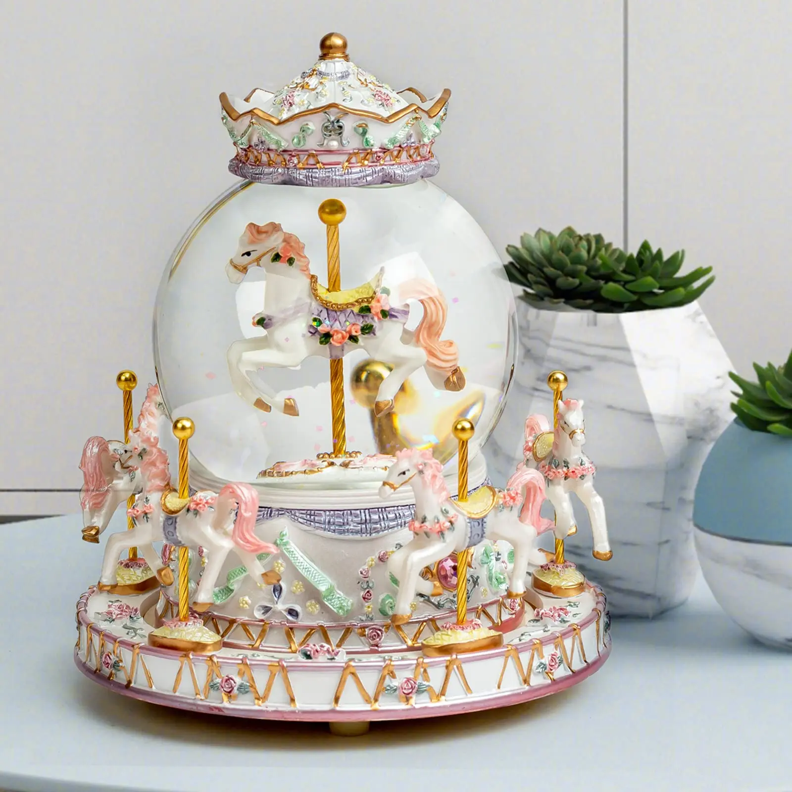 Customized Music Color Gradient Led Light Conversion Snowflake Playback Carousel Unicorn Glass Music Box