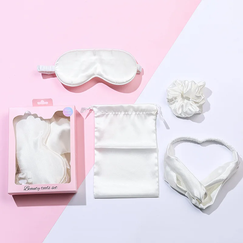 Custom logo pure silk pillowcase scrunchie with box hair tie 100% mulberry silk sleep eye mask and pillow case set
