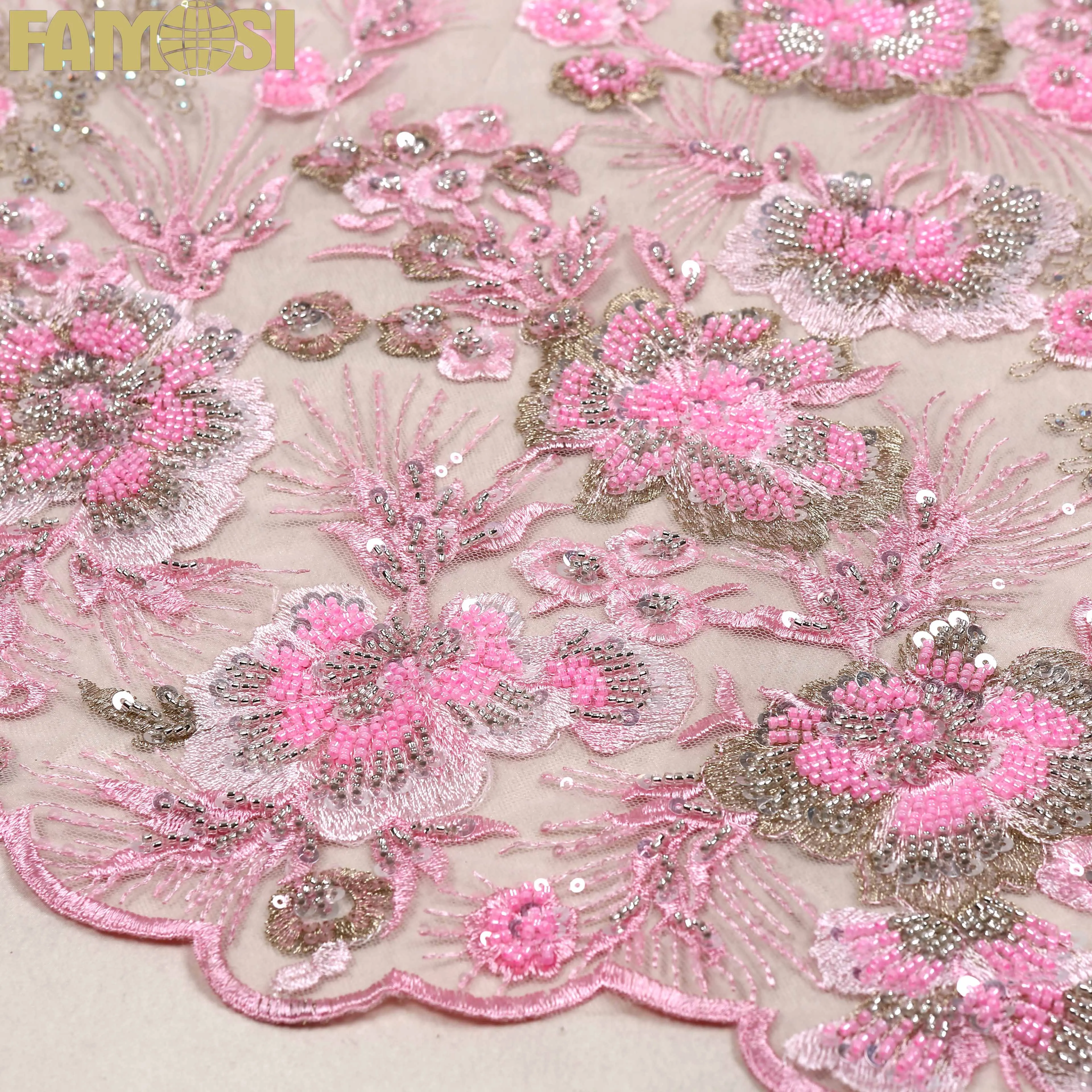 Горячая Распродажа, индивидуальный дизайн, машинное Бисероплетение, свадебная французская кружевная блестящая розовая Цветочная вышивка, Полиэстеровая ткань для свадебного платья