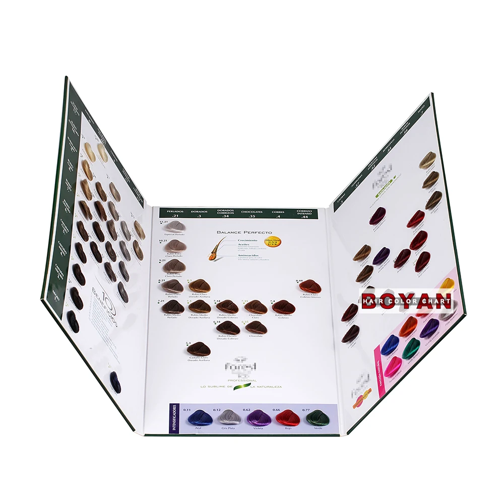 Color retention and multiple color choice 3-page hair dye color swatch chart for display