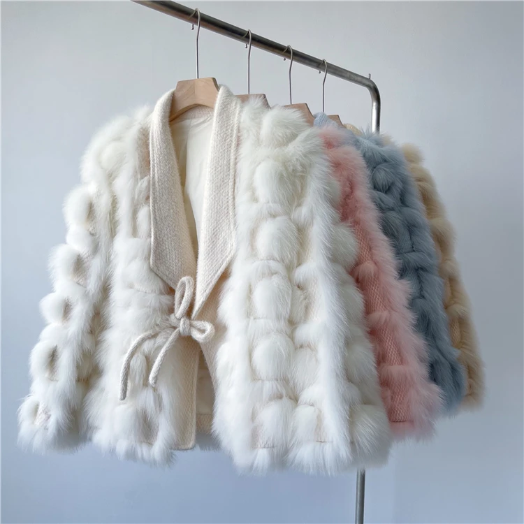 New Sweet Korea Style Women Real Fox Fur Knitted Cardigan Outerwear With Drawstring Brand Design Turn Down Collar Fur Coat