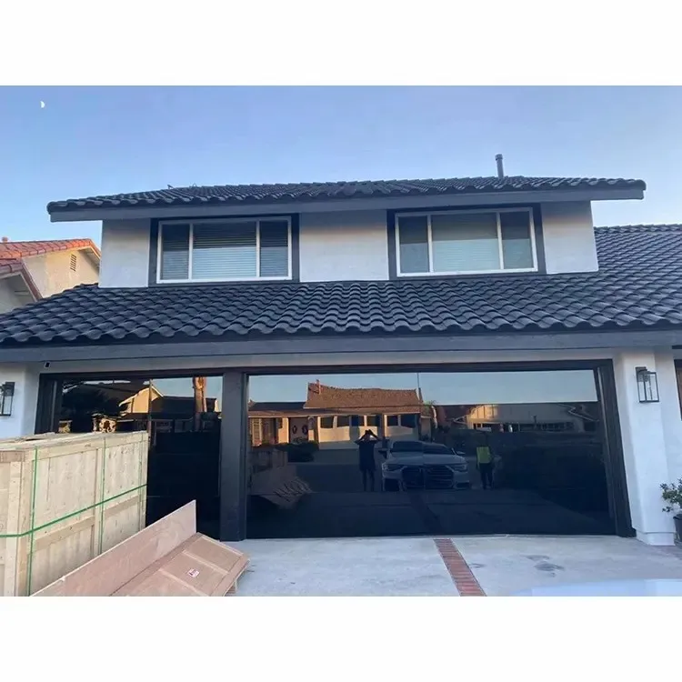 Modern Automatic 16x7 8x7 Insulated Full Mirror Clear Sectional Black Aluminum Frame Frosted Tempered Glass Panel Garage Door