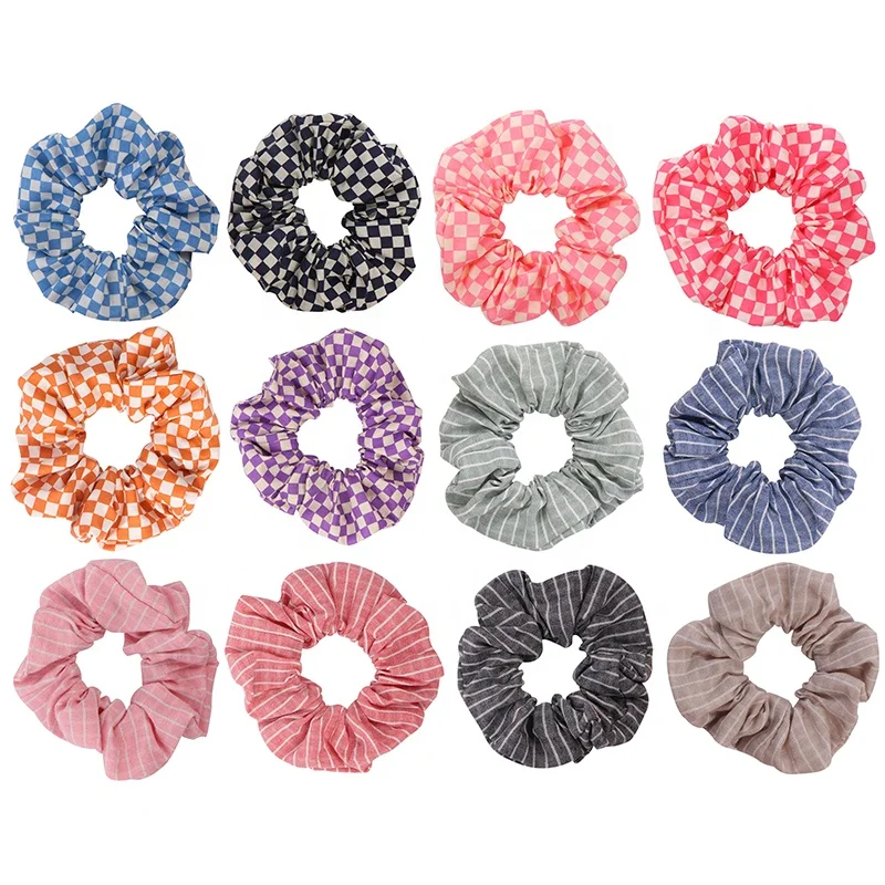 New low MOQ stripe checked scrunchies cotton fabric elastic hair ties scrunchies for hair