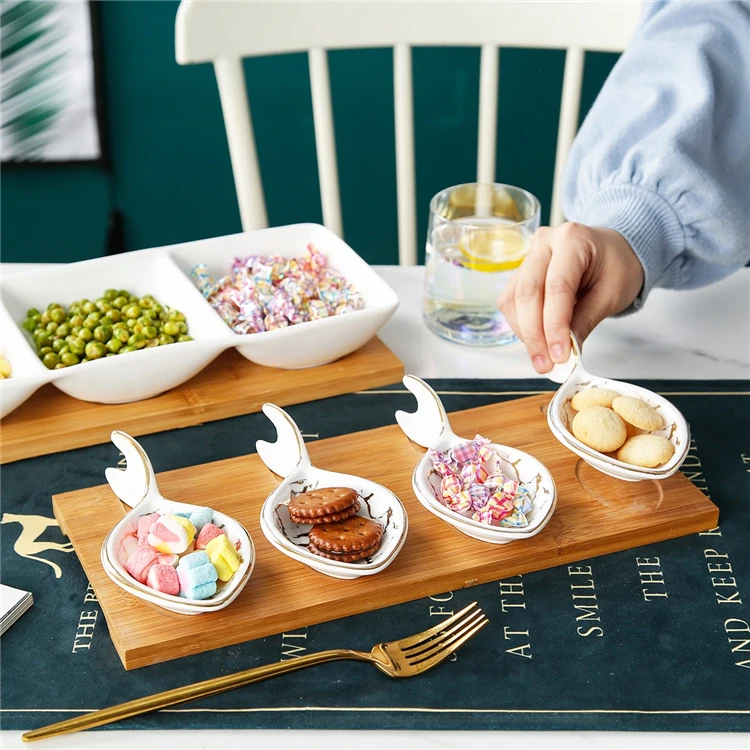 Unique design fish shaped gold rim marble small ceramic snack appetizer dishes with bamboo holder