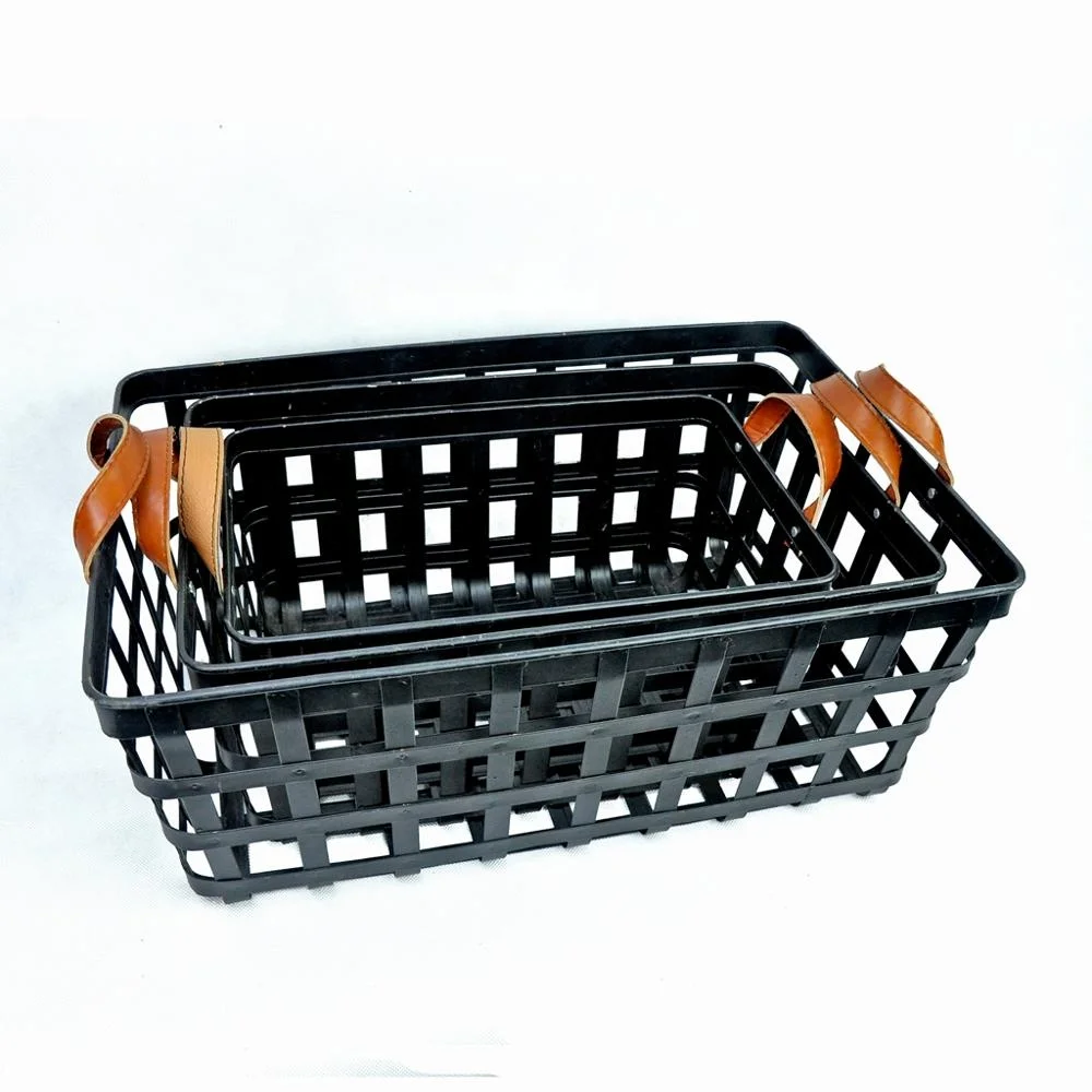 IVYDECO Set of 3 Antique Metal Storage Baskets Vintage with Leather Handles Industrial Handcraft Black Neatening/storage Baskets