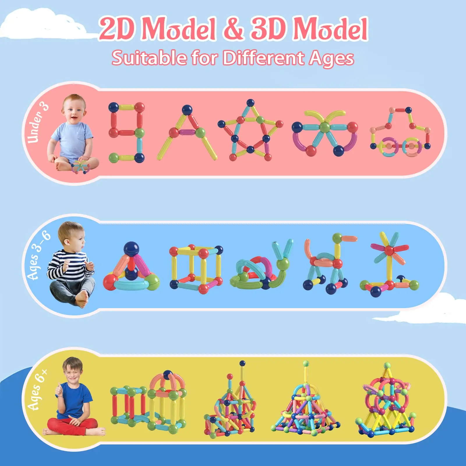 Kindergarten Toys Age 2-4 Toddler Educational Toys Magnetic Blocks Balls and Rods Set 64 Pcs  Magnetic Stick Montessori Toys