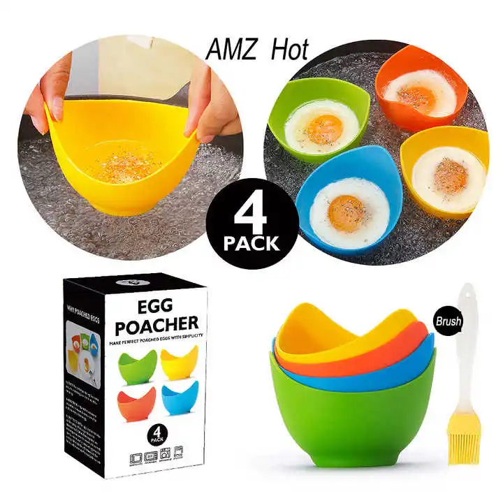 AMZ Hot sale BPA Free egg poacher pan Microwave 4pack Egg Poaching Cup Gift Oil Brush Silicone Egg Poacher Set