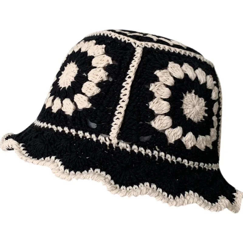 Summer Custom Hollow Flower Embroidery Knitted Fisherman Cap Handmade Crochet Knitted Bucket Hat for Girls Women