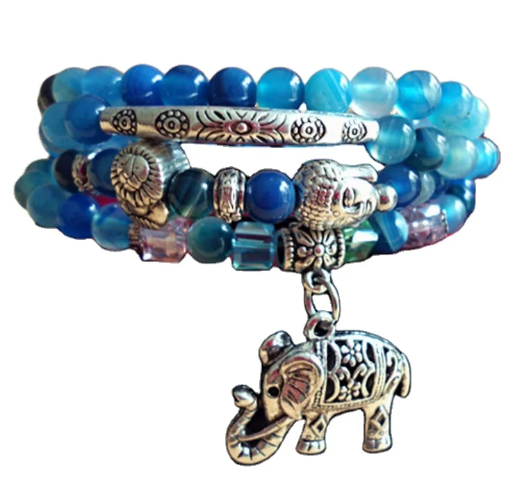 
Special Gift Blue Agate, Crystal, Elephant And Beaded Bracelet  (1600132757815)