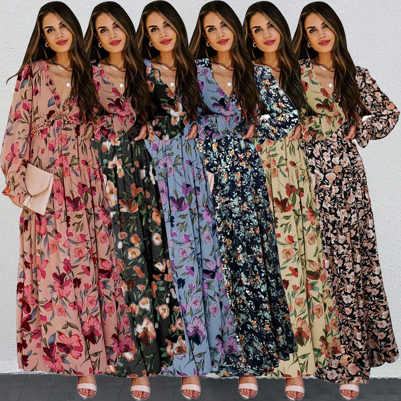 Summer Bohemian Lady Stylish Maxi Long Sleeve Maxi Dress Wild Lotus Ruffle Tiered Floral Womens Dresses for Ladies