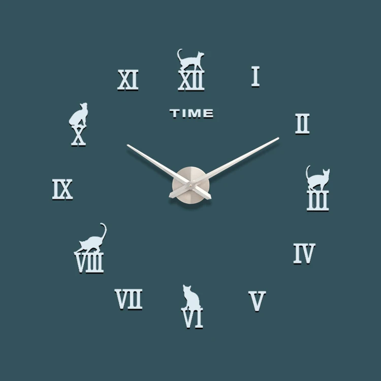quartz big modern 3d  sticker decorative 3d wall clocks silver clock Cat Roman numeral wall clock