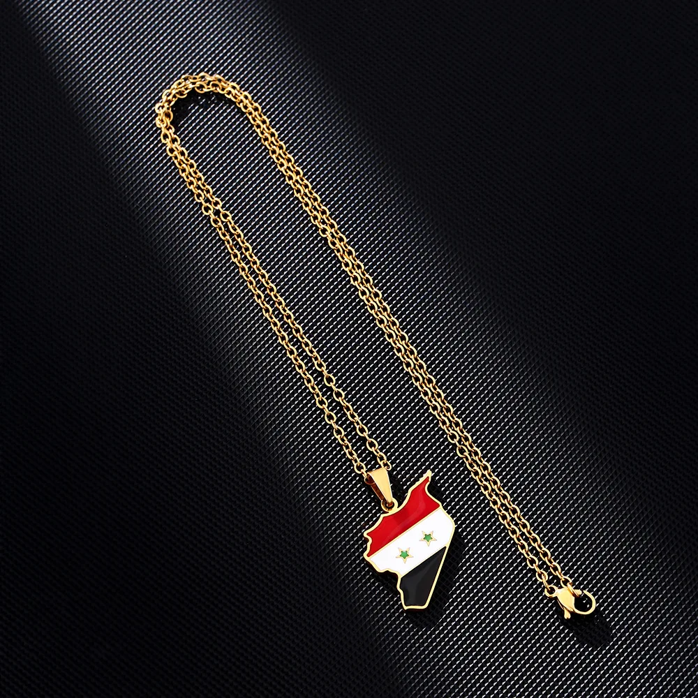 Jymoon Color /Silver Color Stainless Steel Syria Map Flag Pendant Chain Necklaces Syria Maps Jewelry for Women Men