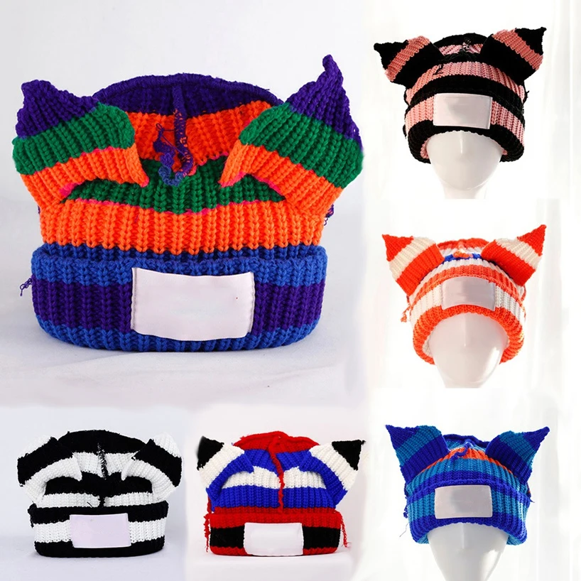 2024 Cat Ear Knit Hat Double-layer Warm Pig Ear Woolen Hat Cute Fashion Hooded Cap Niche Design Hip-hop Personality Cold Hat