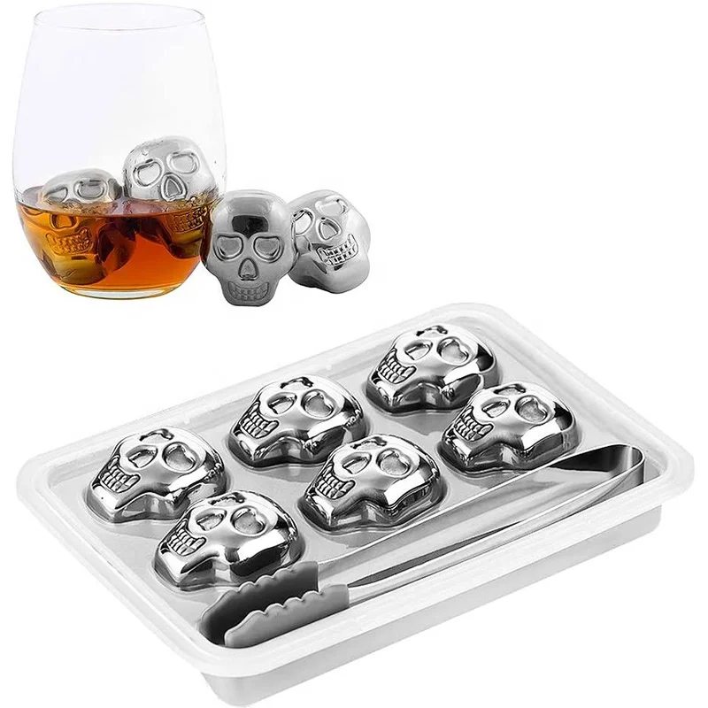 6Pcs Stainless Steel Skulled Ice Cube Molds with Clip, Reusable Whiskey Skulled Mold Chilling Rocks Stone Ice Cube