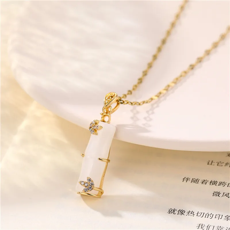 Gold Plated Stainless Steel Long Bamboo Shape Charm Pink Natural Jade Pendant Necklace