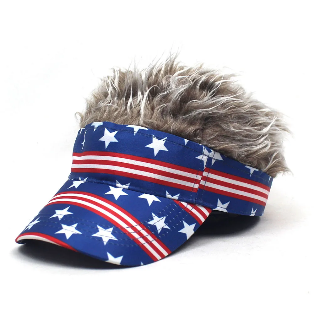 US Patriotic Novelty Hair Visor Sun Cap Wig Peaked Adjustable Baseball Hat with Spiked Hairs