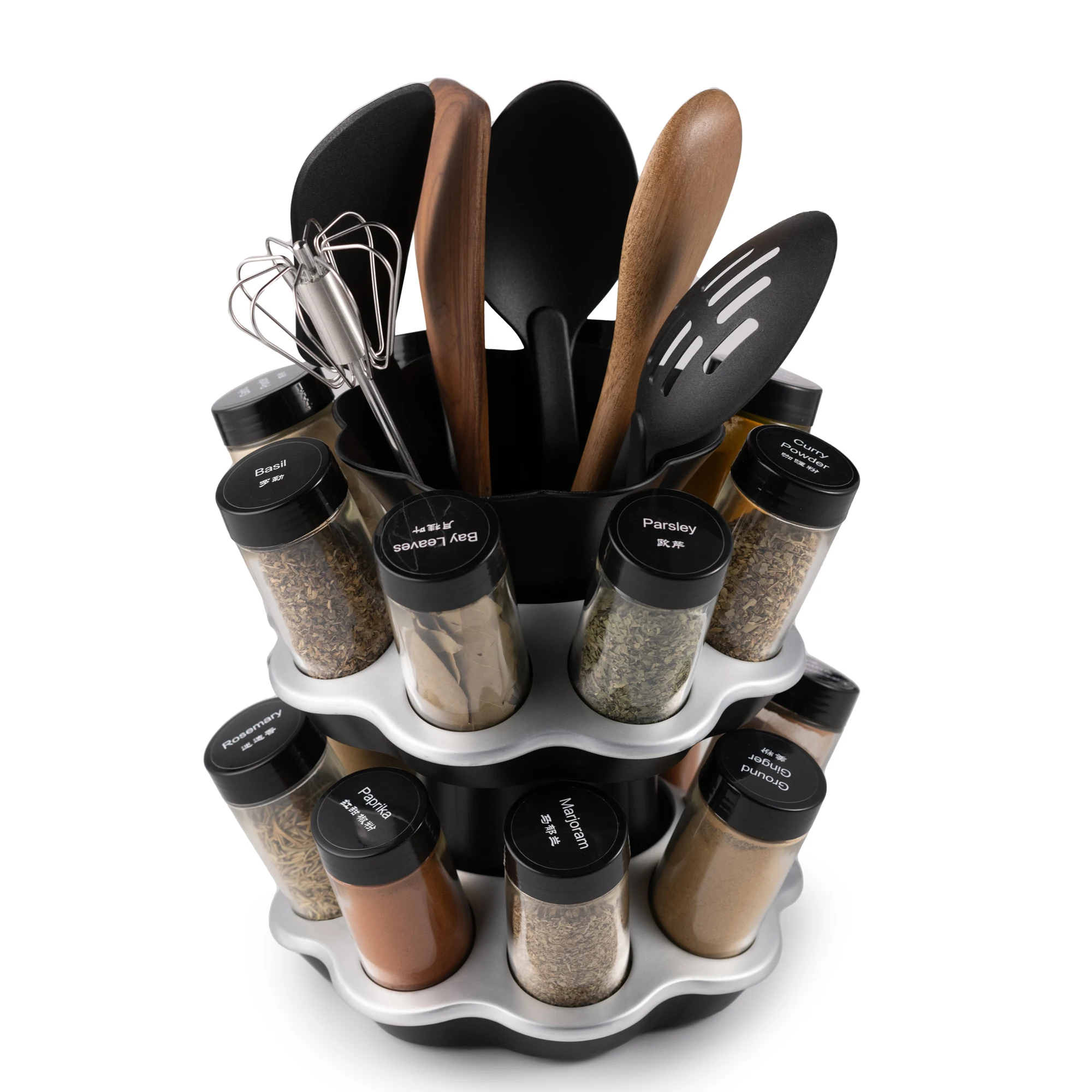 New Popular Kitchenware Storage Spice Rack Organizer Kitchen Double Layered Design Plastic Rotating Rack With 16 Glass Bottle