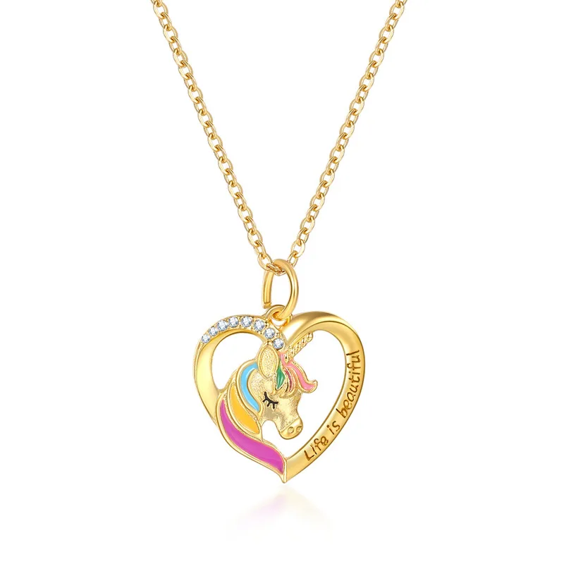 Enamel Rainbow Unicorn Necklace Alloy Stainless Steel Unicorn Clavicle Pendant Necklace For Girls Kids Cute Horse Jewelry