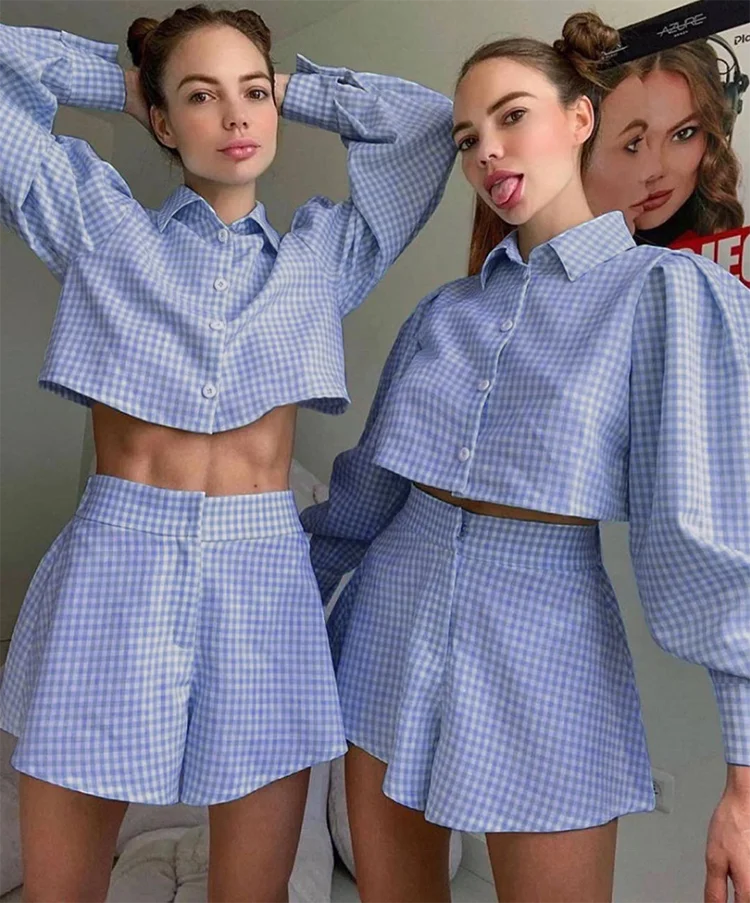 Hot Sale Puff Sleeve Turn-down Collar Shirt Elastic Waist Shorts Two Piece Outfit Buttons Zippers Plaid Blue Women Clothing Set