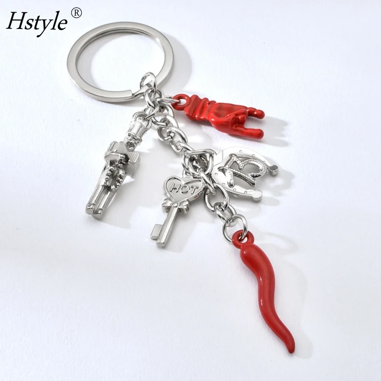 Red Horn with Silver Chain Keychain - Key Rings & Fobs Chili Pepper Charm for Rear View Mirror Handbag Pendant Decoration HS1595