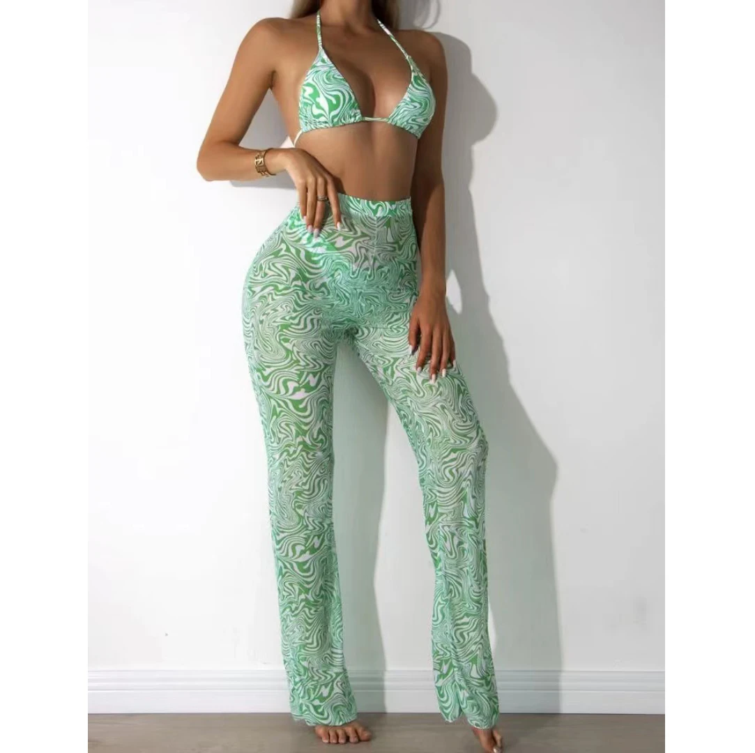 Crop top bikini swimwear white set sport swimsuit with pants green print high waist bikinis & beachwear