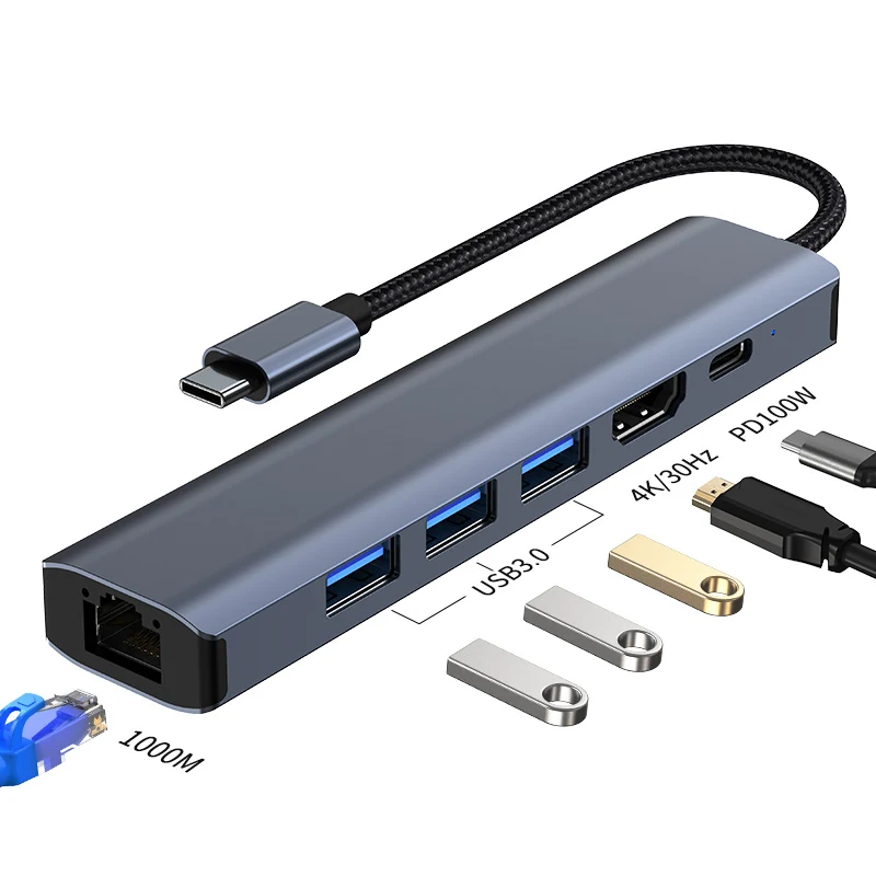 6 In 1 USB3.0 5Gbps 4K 30HZ HD-MI Rj45 GBE Power Delivery 100W Adapter 6 Ports Hub Type C Docking Station For Laptop