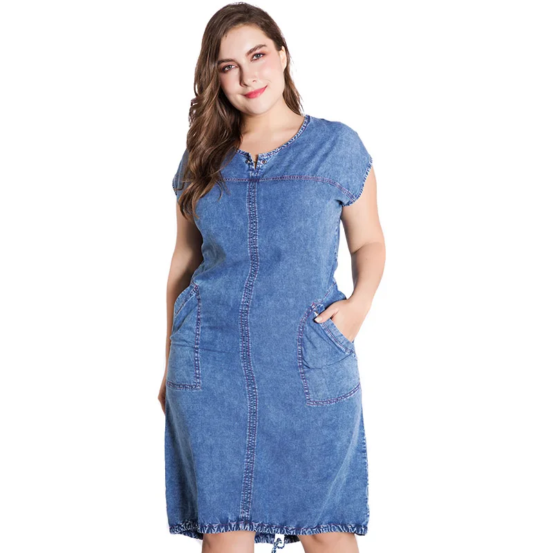Summer ladies Large Size Denim Dress for Women Clothes Round Neck Pockets elegant 4xl 5xl 6xl  Party Dress Plus Size