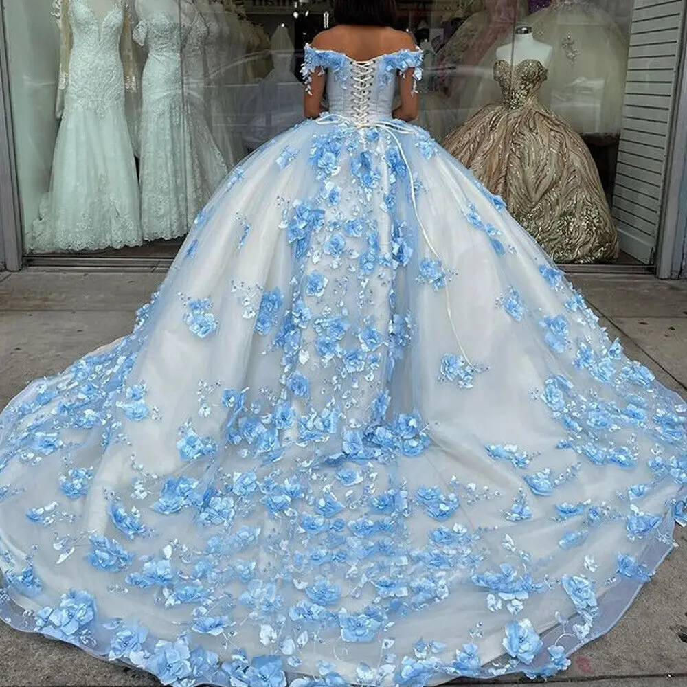 Blue Off The Shoulder Quinceanera Dresses 3D Flowers Lace Applique Sweet 15 16 Birthday Party Prom Ball Gowns