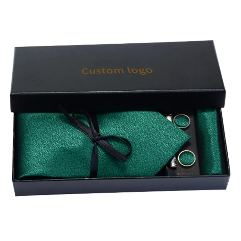 Formal Business 8cm Silk Necktie Classic Mens Tie Set Solid Color Neckties Handkerchief Cufflinks Set with Gift Box