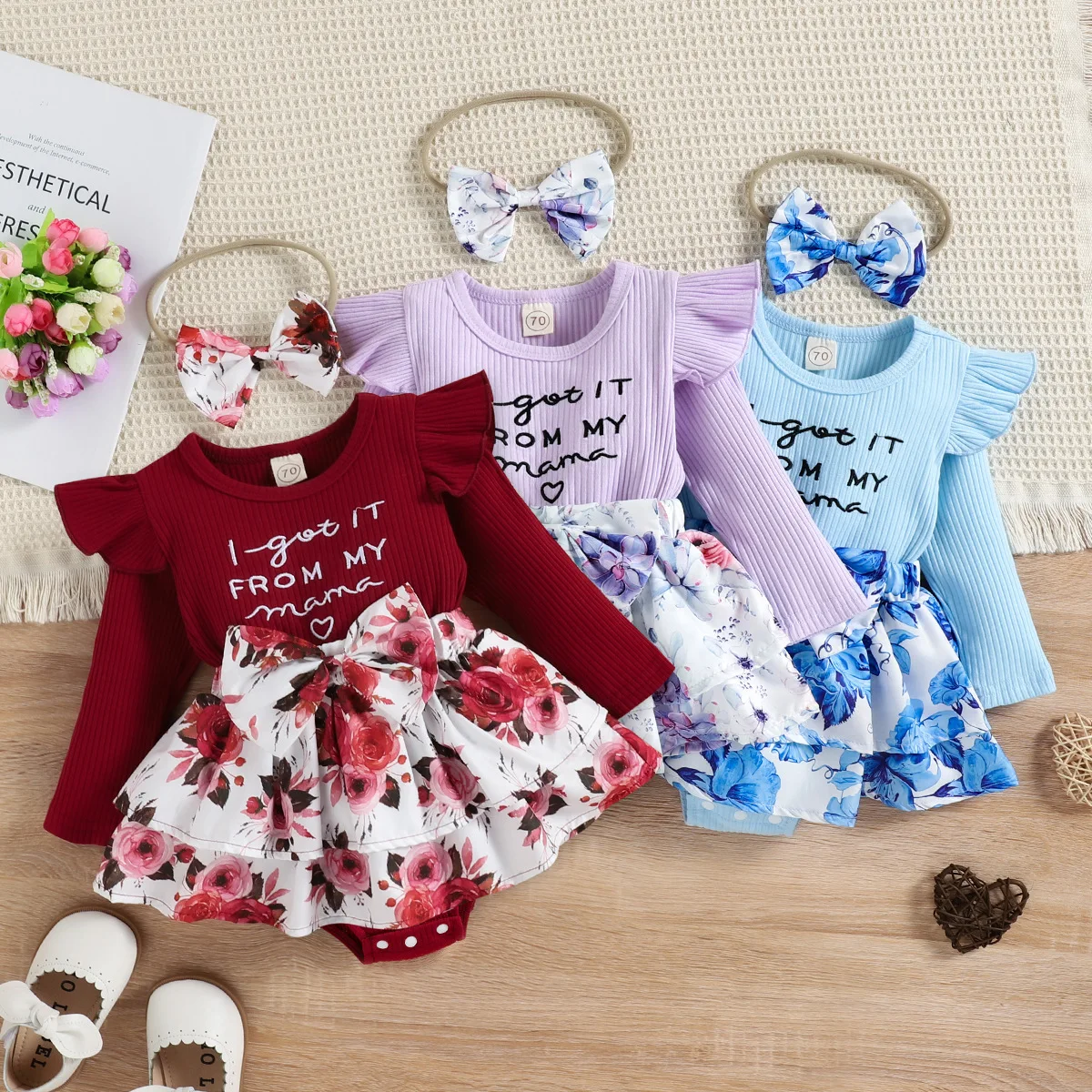 Custom Logo 1Pcs RTS Spring Autumn Bodysuit Baby Girls Newborn Infant Toddler Clothes Snap Button Ribbed Cotton Embroidered